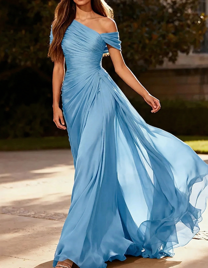 One-Shoulder Pleated Chiffon Maxi Dress