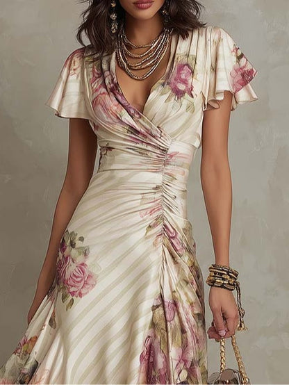 Champagne Floral Wrap Ruched Midi Dress – Romantic Elegance