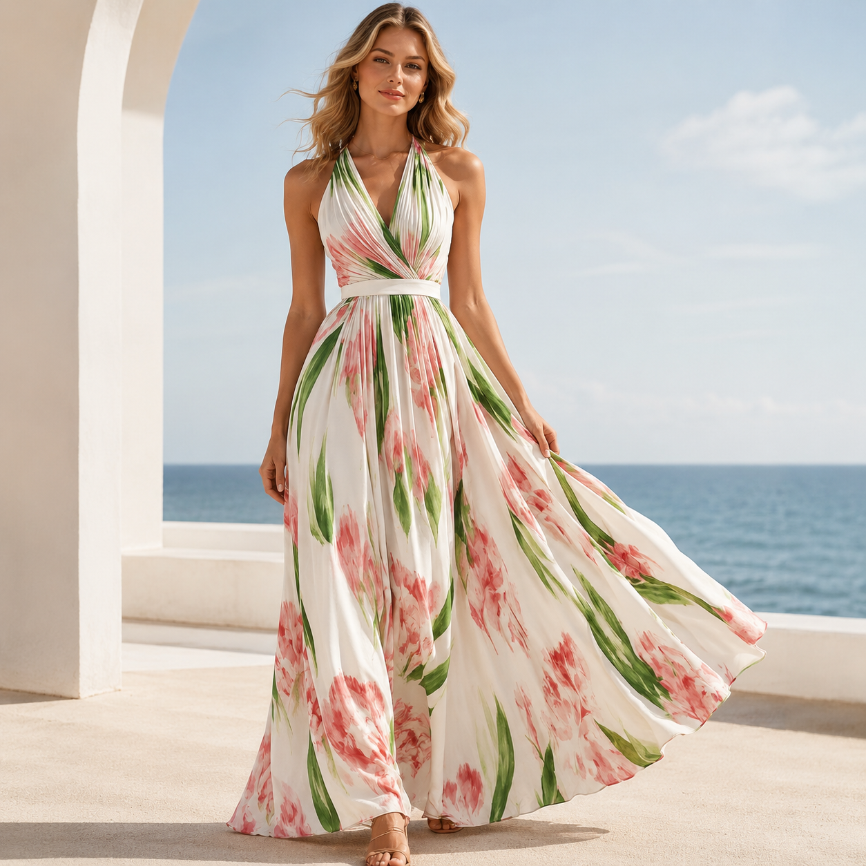 Tropical Bloom Halter Maxi Dress