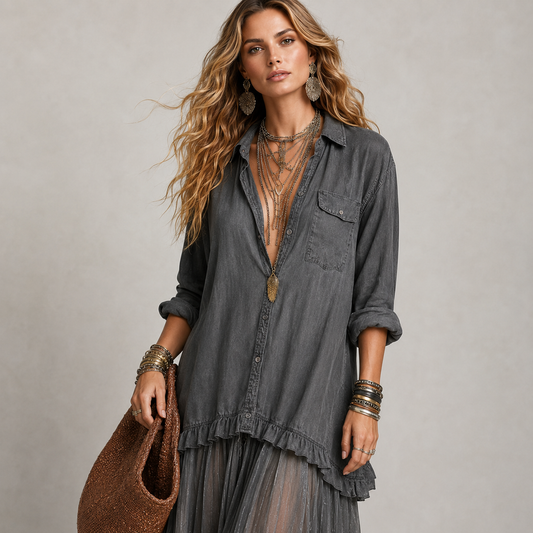 Retro Denim & Organza Patchwork Maxi Dress