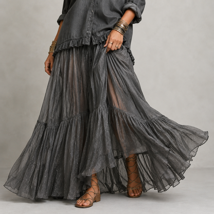 Retro Denim & Organza Patchwork Maxi Dress