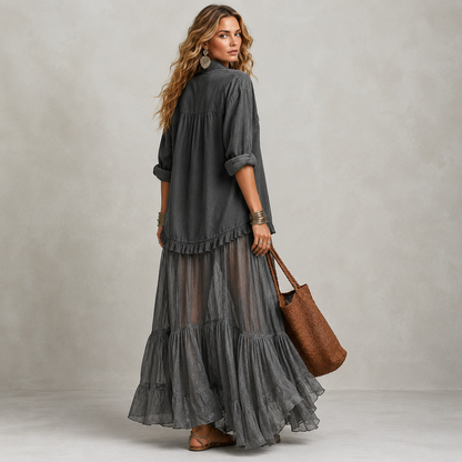 Retro Denim & Organza Patchwork Maxi Dress
