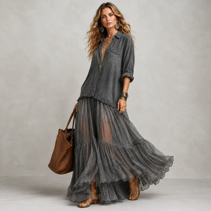 Retro Denim & Organza Patchwork Maxi Dress