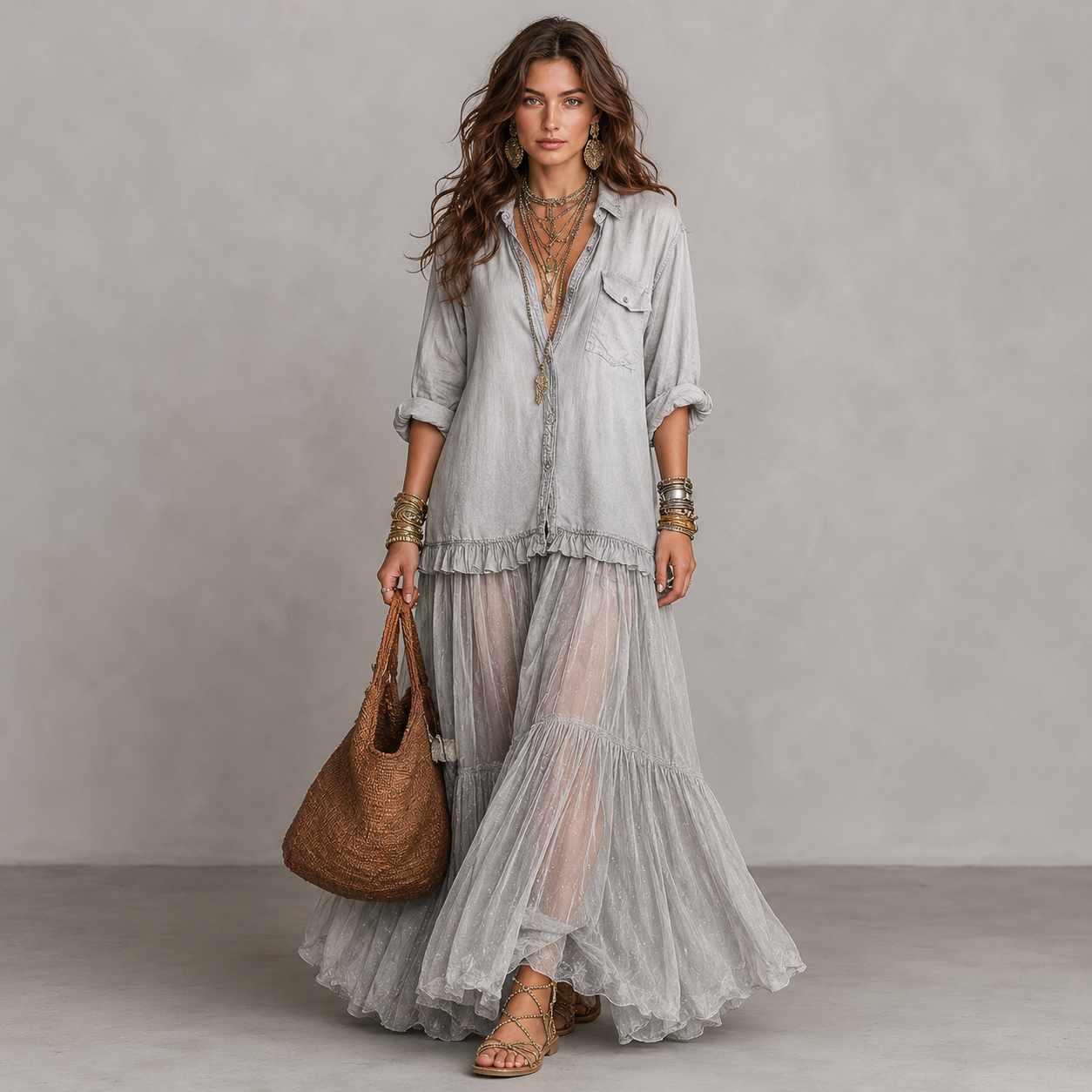 Retro Denim & Organza Patchwork Maxi Dress
