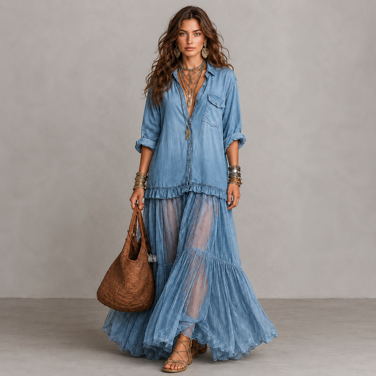 Retro Denim & Organza Patchwork Maxi Dress