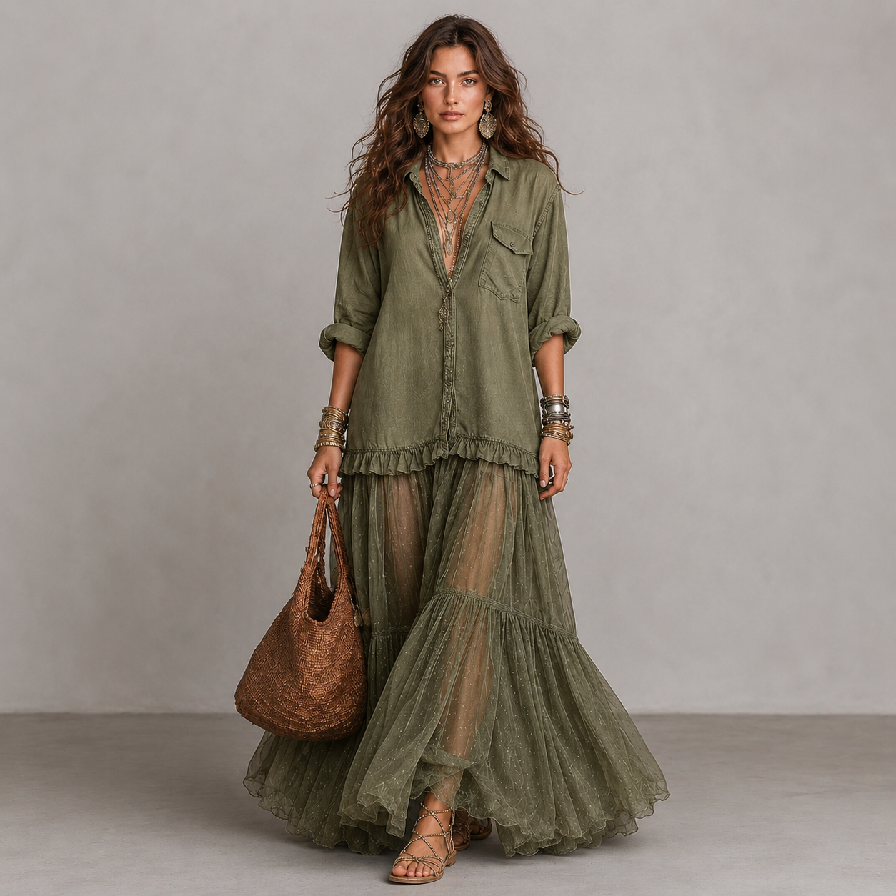 Retro Denim & Organza Patchwork Maxi Dress