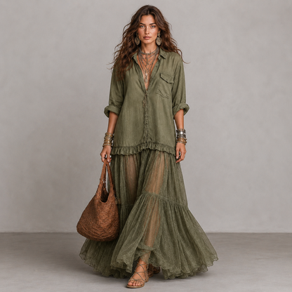 Retro Denim & Organza Patchwork Maxi Dress