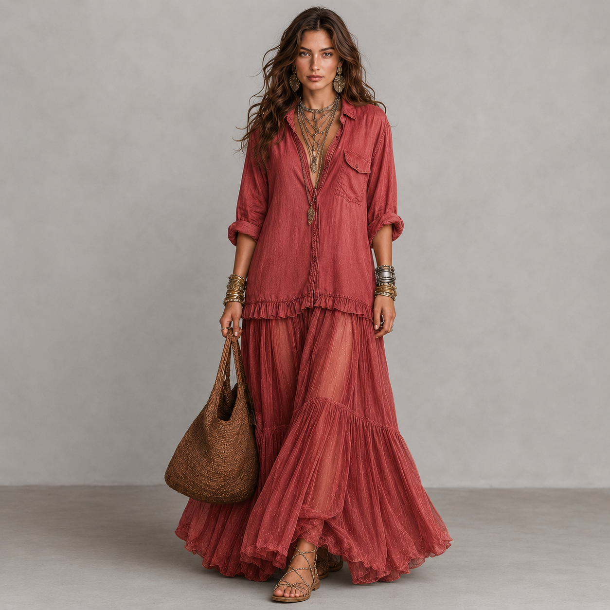 Retro Denim & Organza Patchwork Maxi Dress
