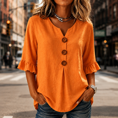 V-Neck Ruffle Sleeve Blouse with Buttons