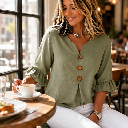 V-Neck Ruffle Sleeve Blouse with Buttons