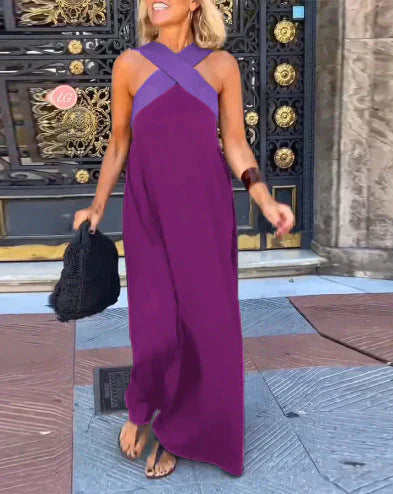Effortless Contrast-Strap Linen-Blend Maxi Dress