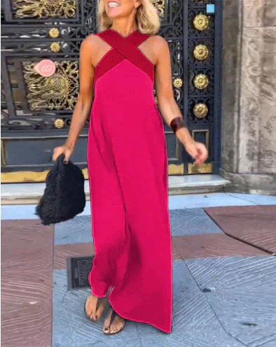 Effortless Contrast-Strap Linen-Blend Maxi Dress