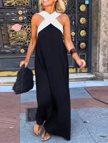 Effortless Contrast-Strap Linen-Blend Maxi Dress