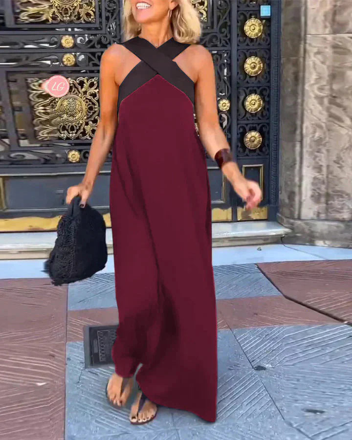 Effortless Contrast-Strap Linen-Blend Maxi Dress