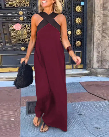 Effortless Contrast-Strap Linen-Blend Maxi Dress