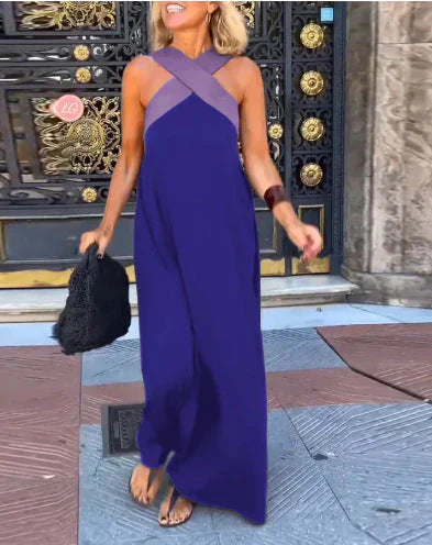 Effortless Contrast-Strap Linen-Blend Maxi Dress