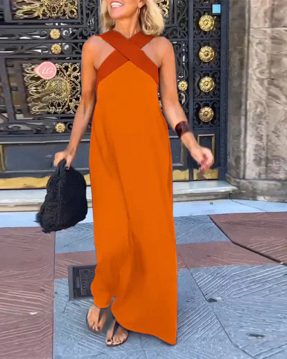 Effortless Contrast-Strap Linen-Blend Maxi Dress