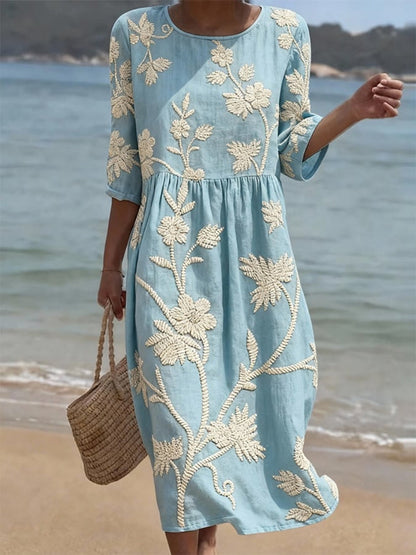 Fluid Midi Dress with Floral Embroidery - Elegant Vintage Collection