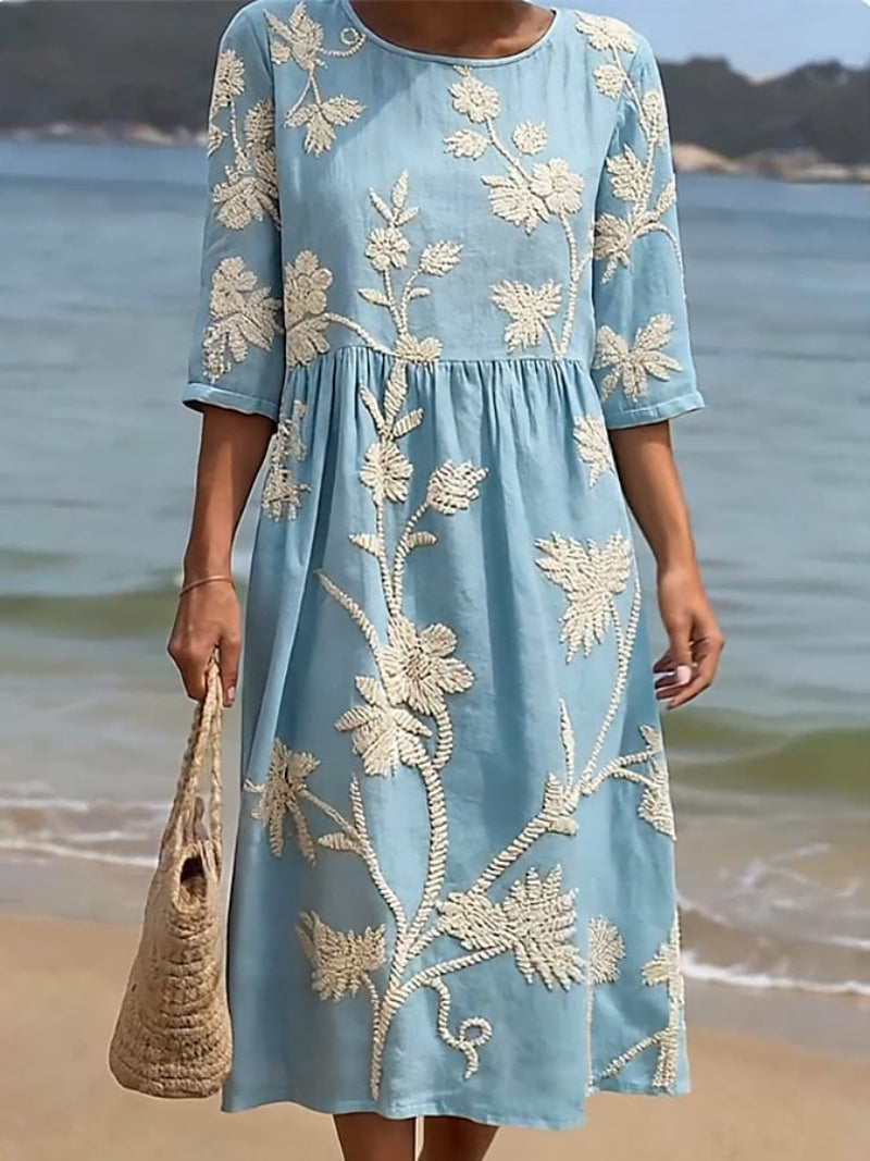 Fluid Midi Dress with Floral Embroidery - Elegant Vintage Collection