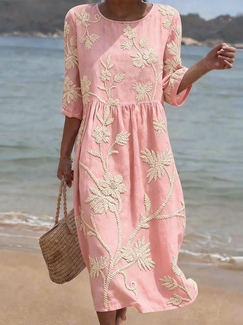 Fluid Midi Dress with Floral Embroidery - Elegant Vintage Collection