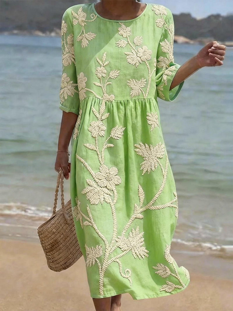 Fluid Midi Dress with Floral Embroidery - Elegant Vintage Collection
