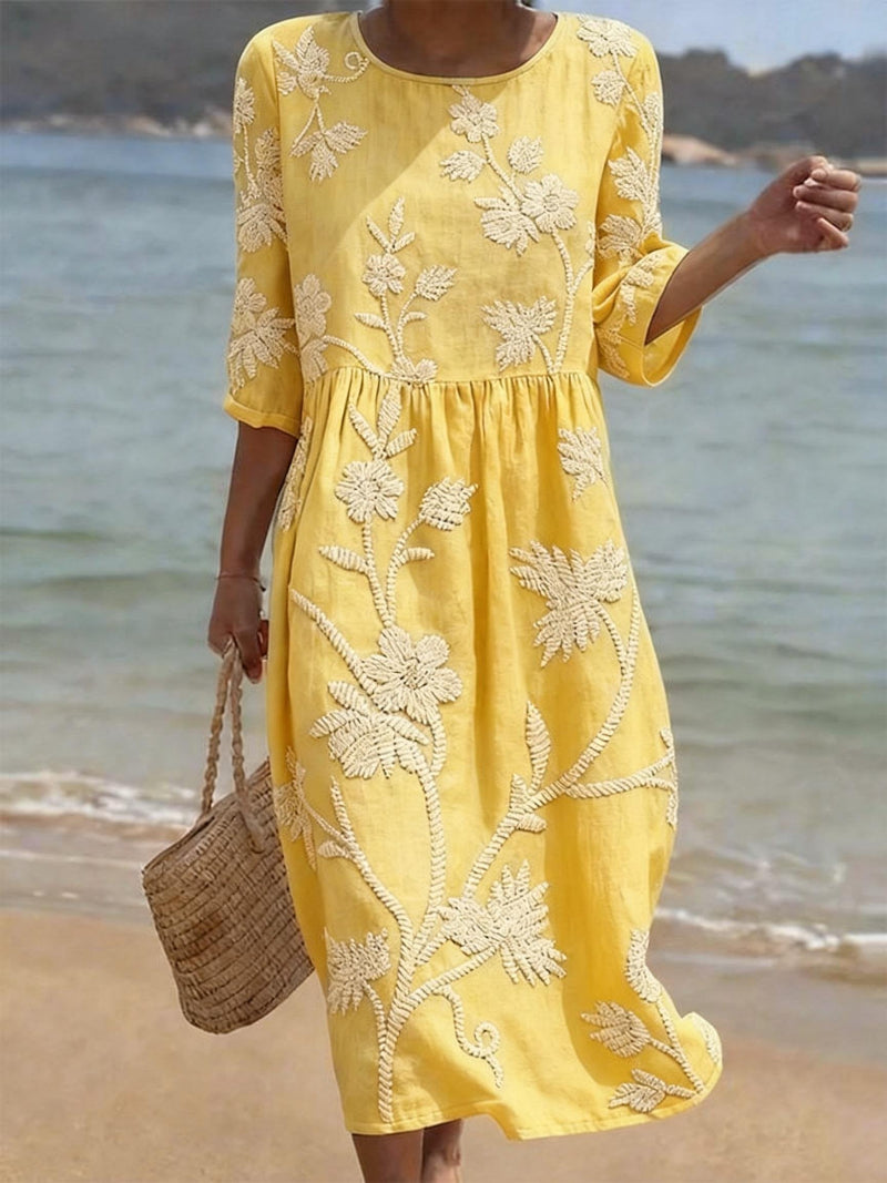 Fluid Midi Dress with Floral Embroidery - Elegant Vintage Collection
