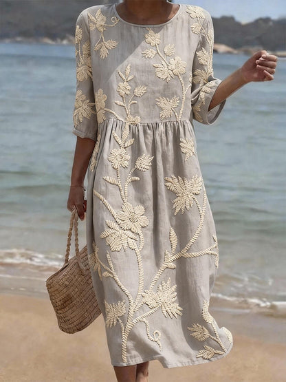 Fluid Midi Dress with Floral Embroidery - Elegant Vintage Collection