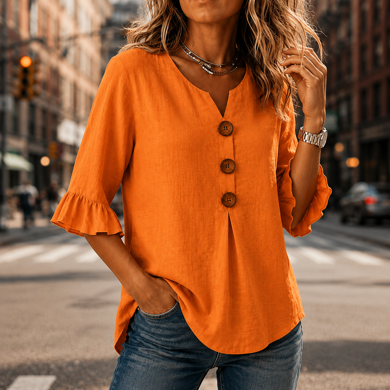 V-Neck Ruffle Sleeve Blouse with Buttons