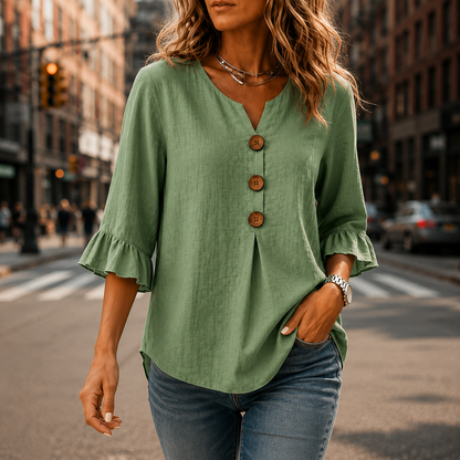 V-Neck Ruffle Sleeve Blouse with Buttons