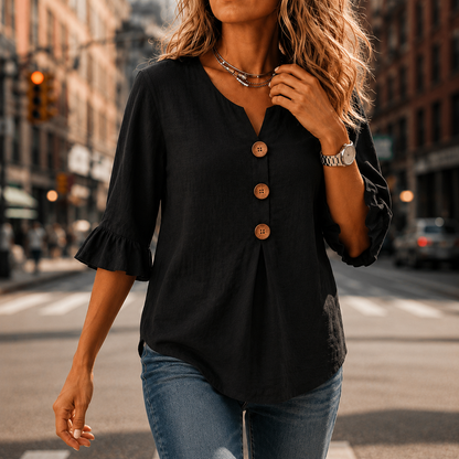 V-Neck Ruffle Sleeve Blouse with Buttons