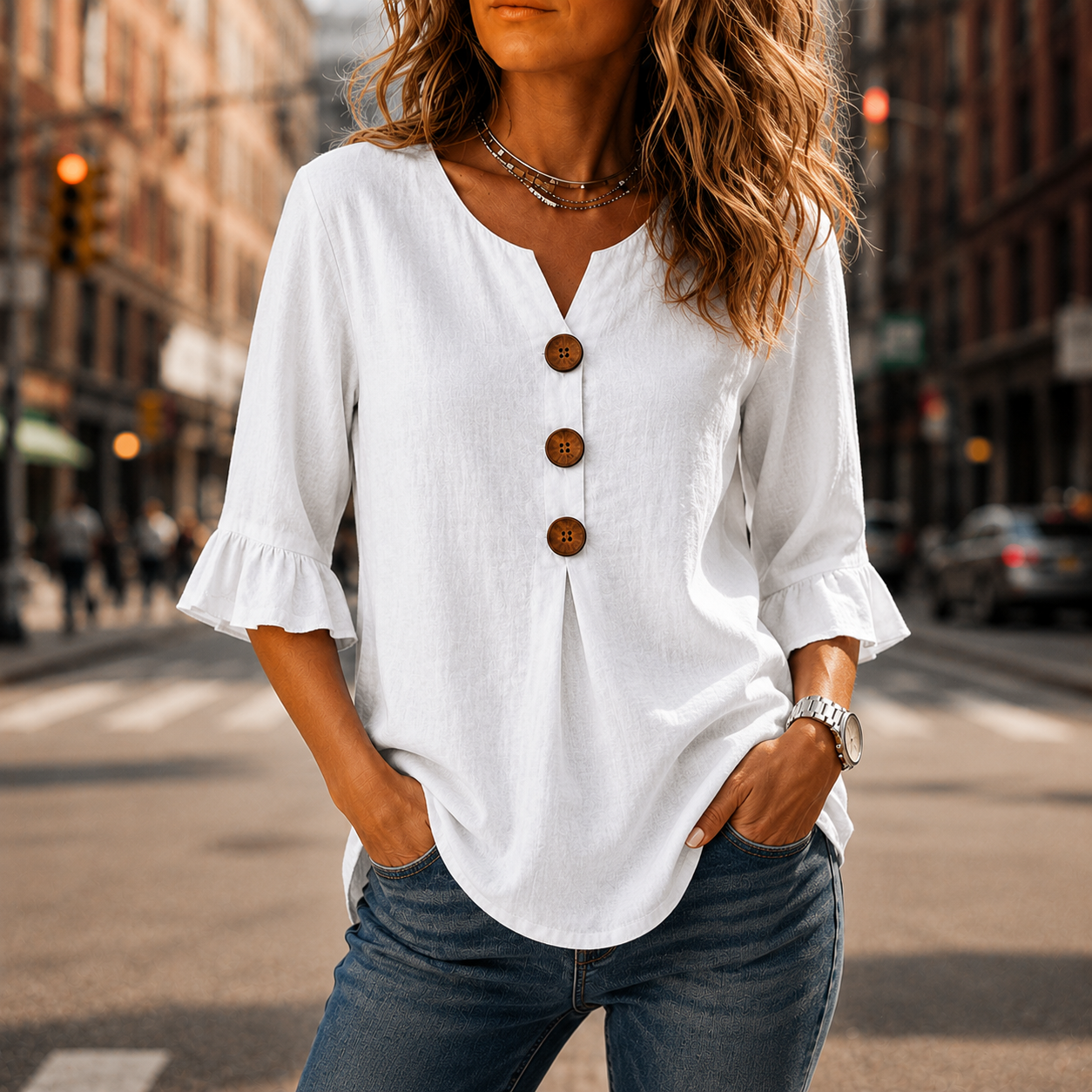 V-Neck Ruffle Sleeve Blouse with Buttons