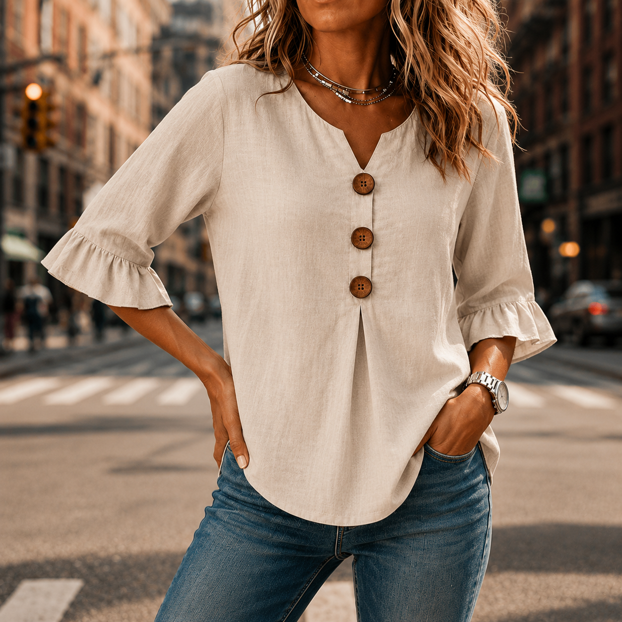 V-Neck Ruffle Sleeve Blouse with Buttons