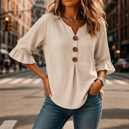 V-Neck Ruffle Sleeve Blouse with Buttons