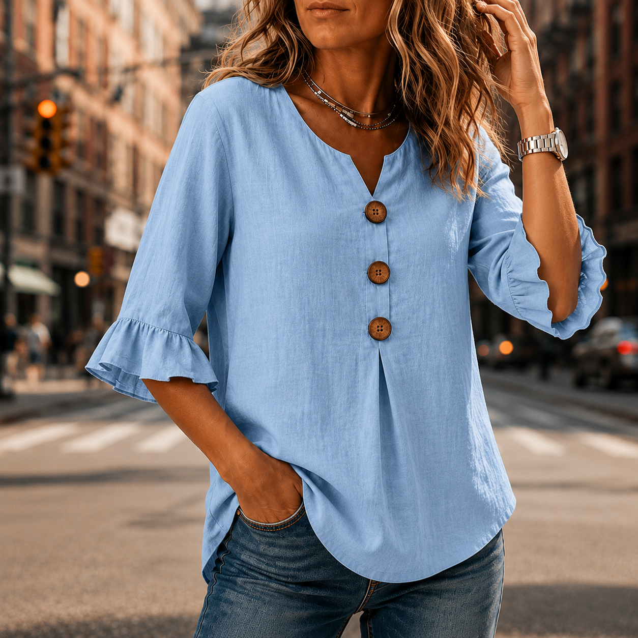 V-Neck Ruffle Sleeve Blouse with Buttons
