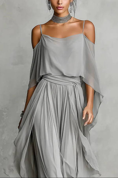 Silver Grey Cold-Shoulder Chiffon Top & Flowing Pants Set