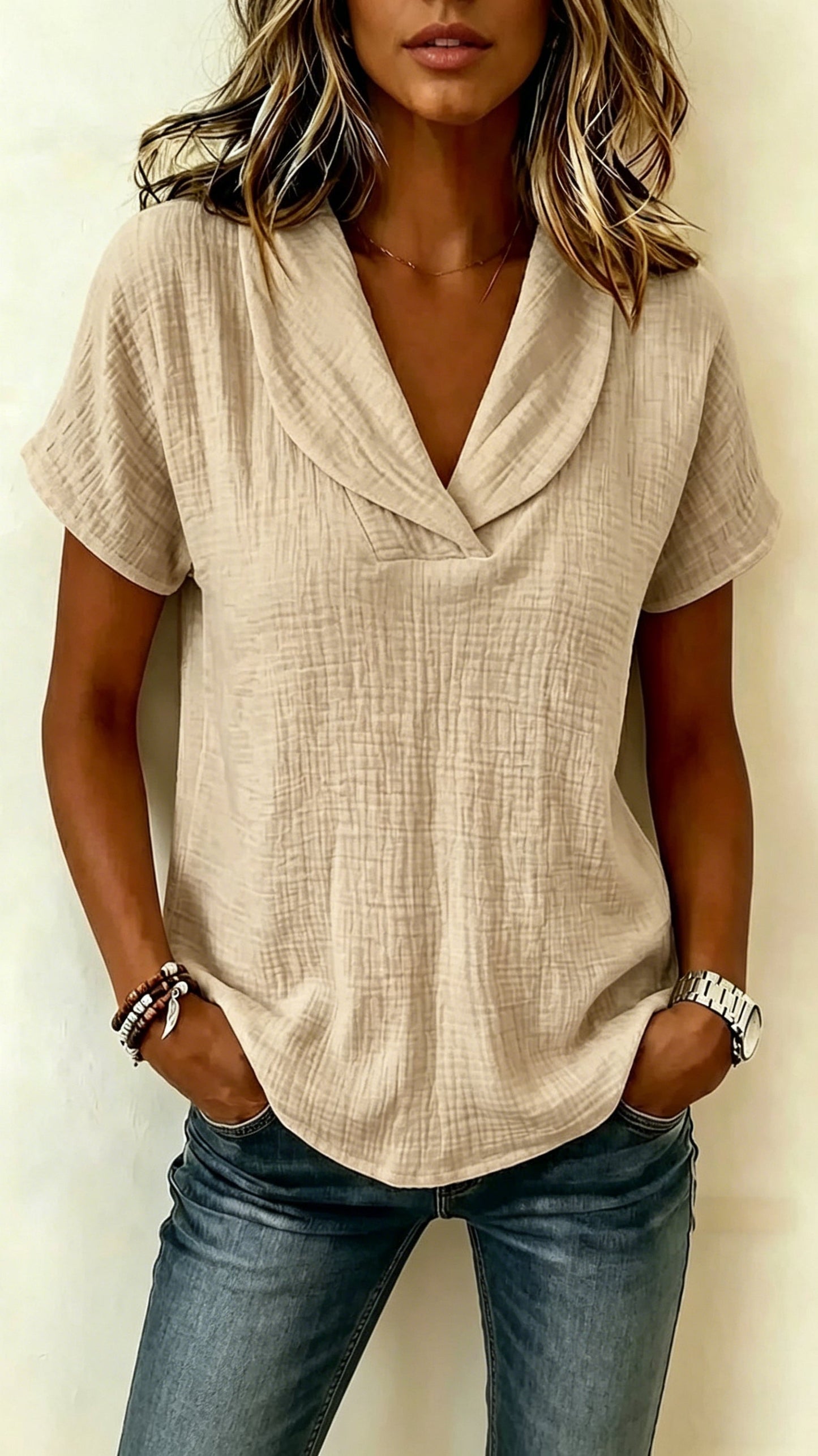 Women's Short-Sleeve Crepe V-Neck Casual Fashion T-Shirt