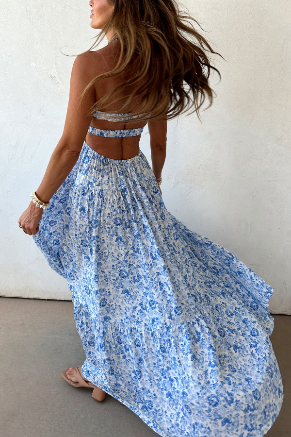 Blue Floral Cutout Twist Bust Maxi Dress – Summer Boho Elegance