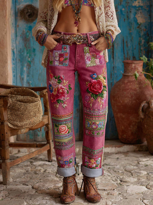 Women's Vintage Rose Floral Embroidery Art Jeans