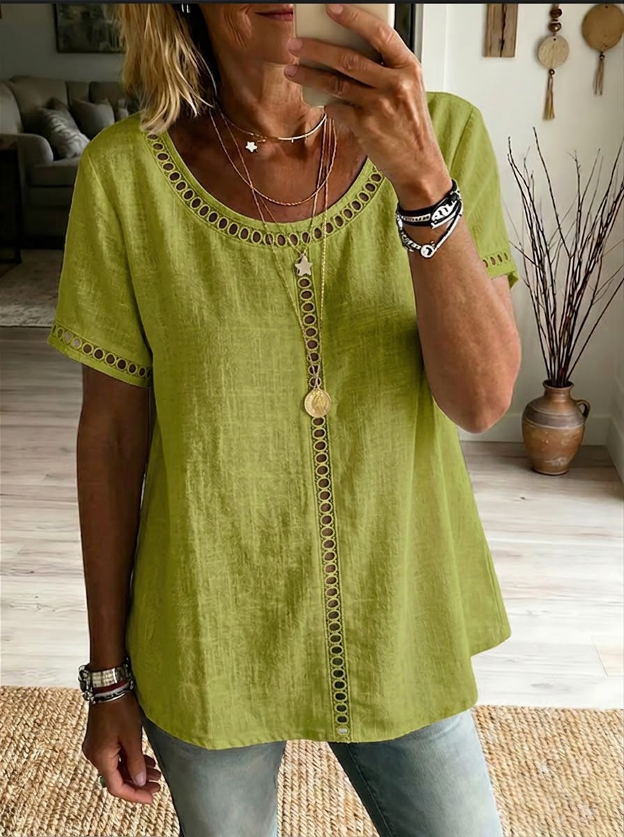 Cozy And Casual Patchwork Linen And Cotton Top With Openwork Weave