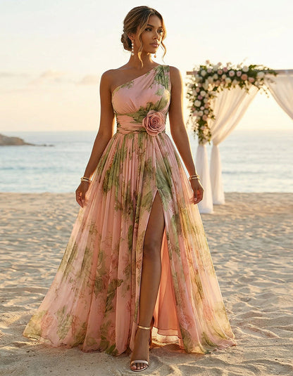 Pink Rose Print Off Shoulder 3d Floral Waist Cinching Chiffon Maxi Dress