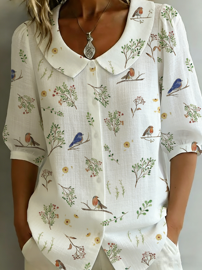 "Forest Whispers" Peter Pan Collar Linen-Cotton Shirt