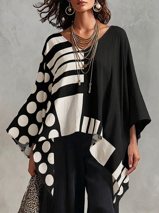 Women's Polka Dot & Geometric Print V-neck 3/4-sleeve Casual Loose Cotton-linen Top