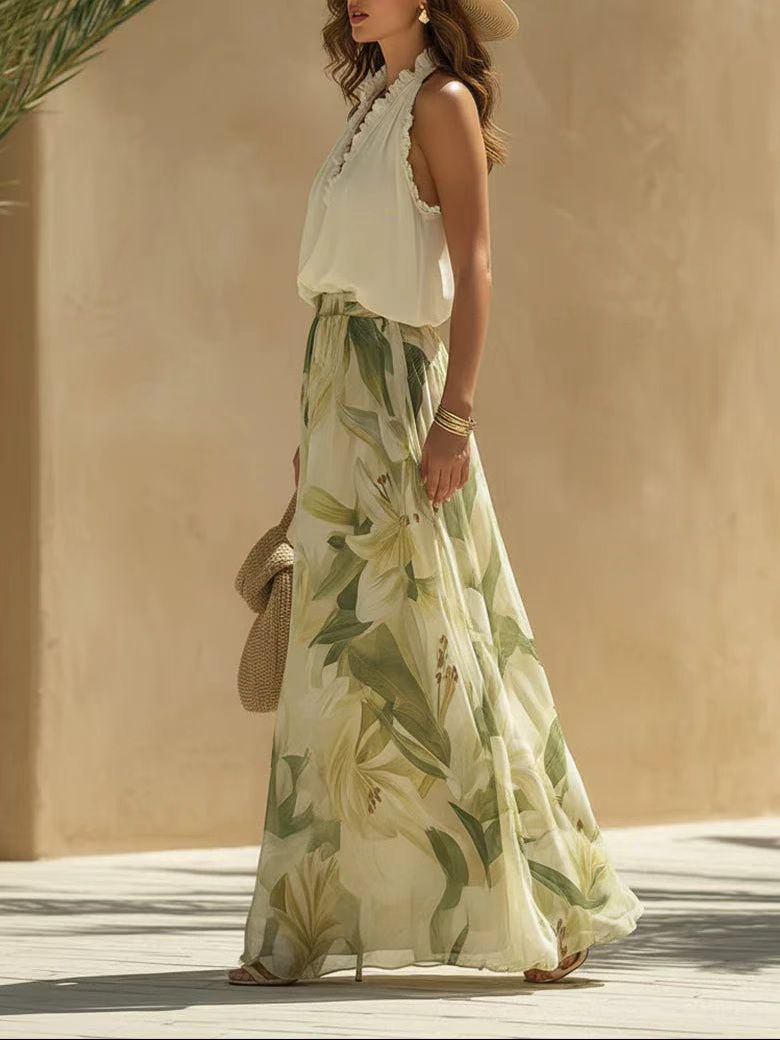 Tropical Garden Halter Leaf Print Wide-Leg Set