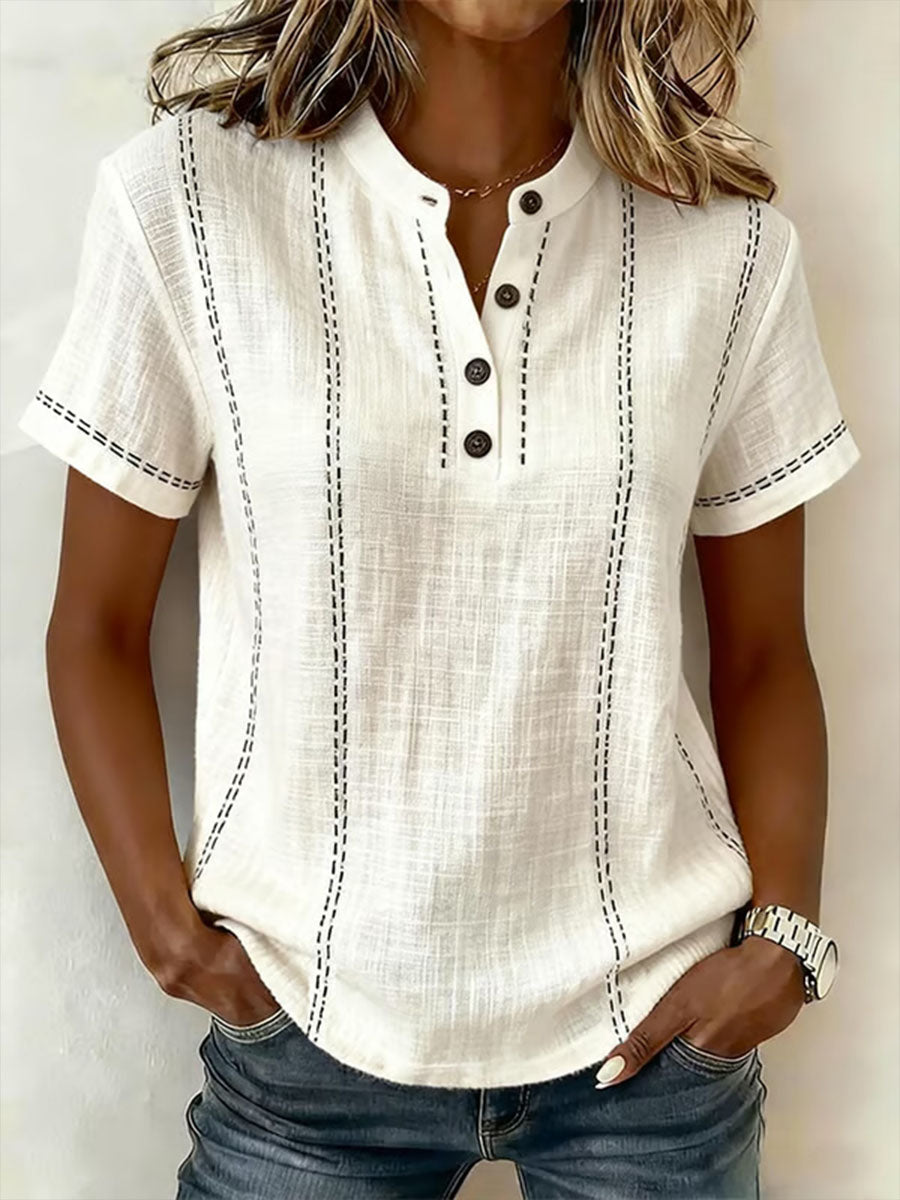 Women's V-neck Short-sleeve Casual Loose Cotton Top
