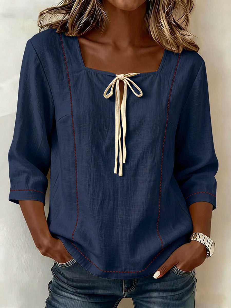 Women's Square-neck 3/4-sleeve Loose-fit Cotton-linen Top