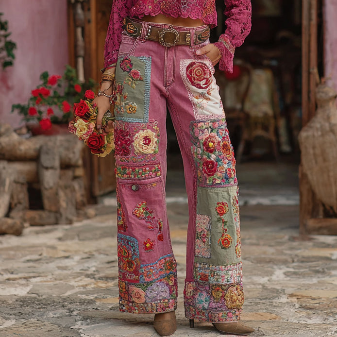 Women's Vintage Rose Floral Embroidery Art Wide Legs Jeans