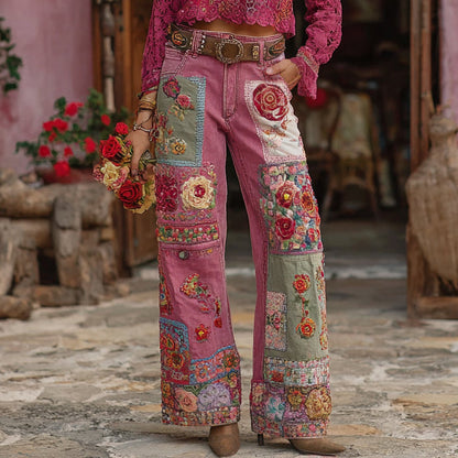 Women's Vintage Rose Floral Embroidery Art Wide Legs Jeans
