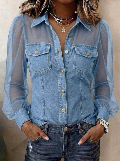 Women's Casual Denim Patchwork Chiffon See Through Button Pocket Long Sleeve Blouse