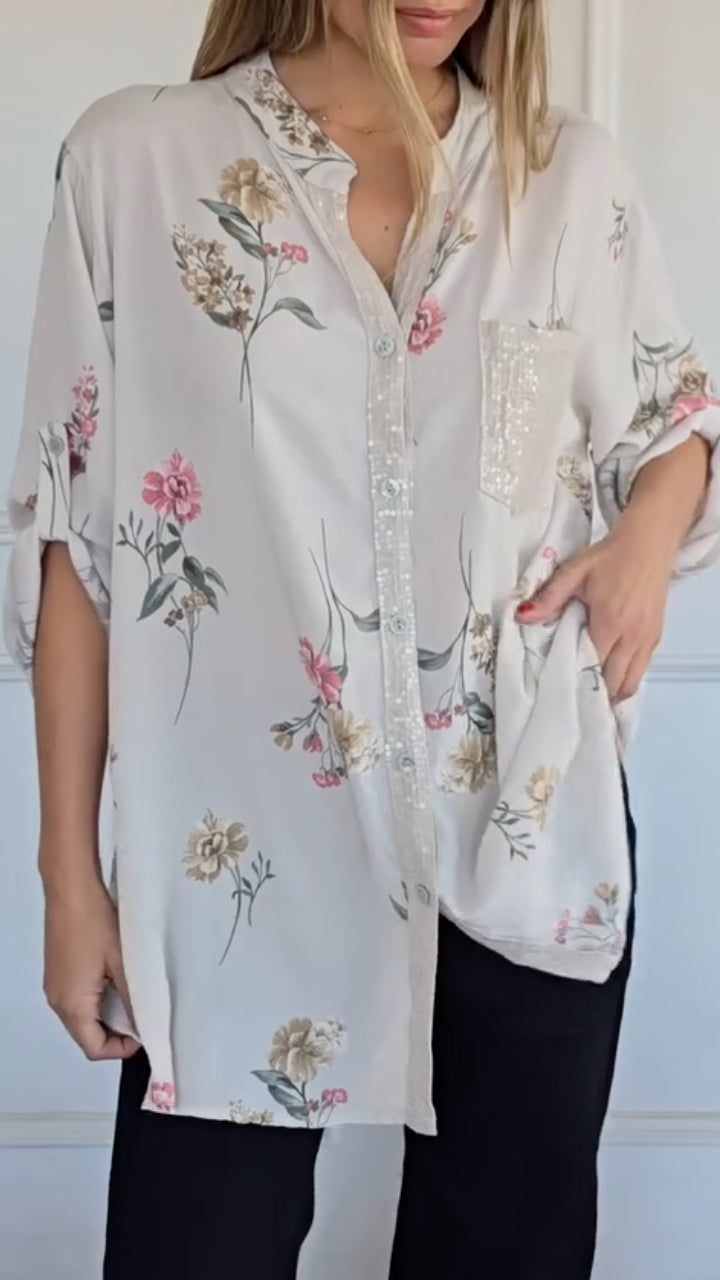 Women's V-Neck Casual Top with Print, Sequins, and Contrast Splicing