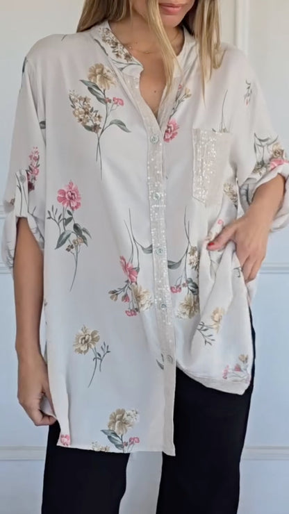 Women's V-Neck Casual Top with Print, Sequins, and Contrast Splicing